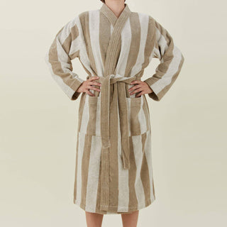 Striped Terry Bathrobe- Ivory/Flax: Large