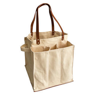 Heavy Canvas Tote Bag | Reusable Multi-Pocket Market Tote : Natural with Vegan Leather Handles and Base