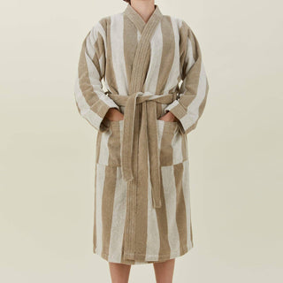 Striped Terry Bathrobe- Ivory/Flax: Large