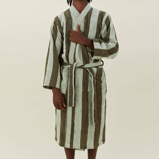 Simple Striped Terry Bathrobe- Olive/Sage: Large