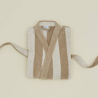 Simple Striped Terry Bathrobe- Ivory/Flax: Small